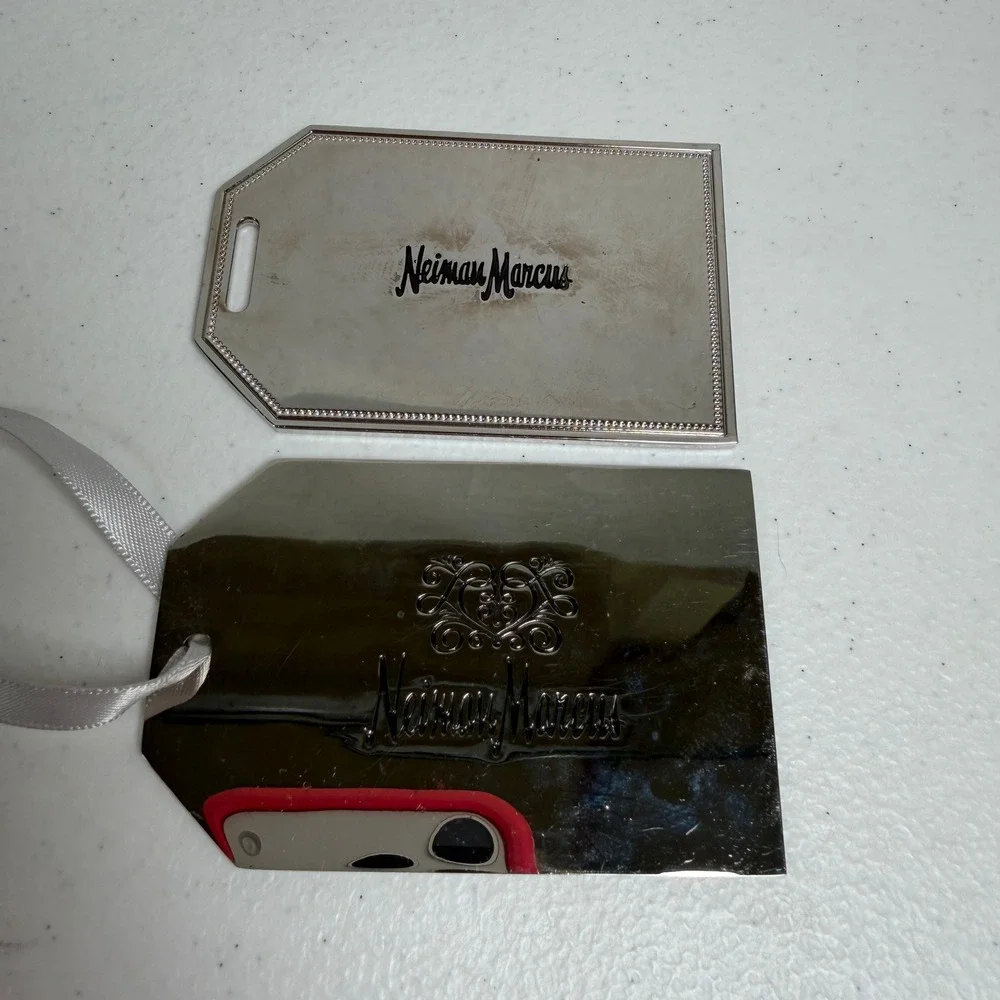 Neiman Marcus OS Metal Gift Tags Silver Heart of Giving Holiday Ornaments Set 2